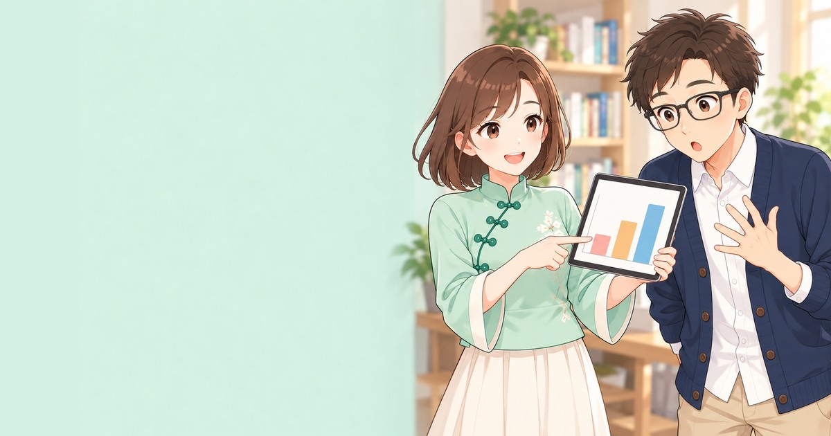 合格率のグラフを説明するLULUと驚くHARU